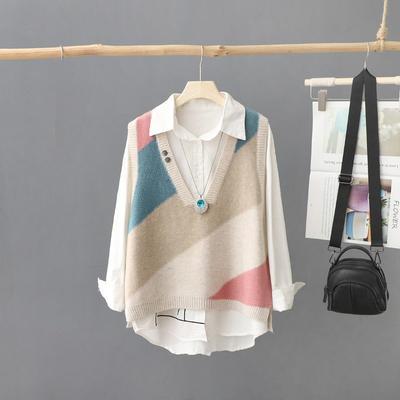 V-Neck Loose Knit Sweater Vest with Color Block Design for Women - Perfect for Layering