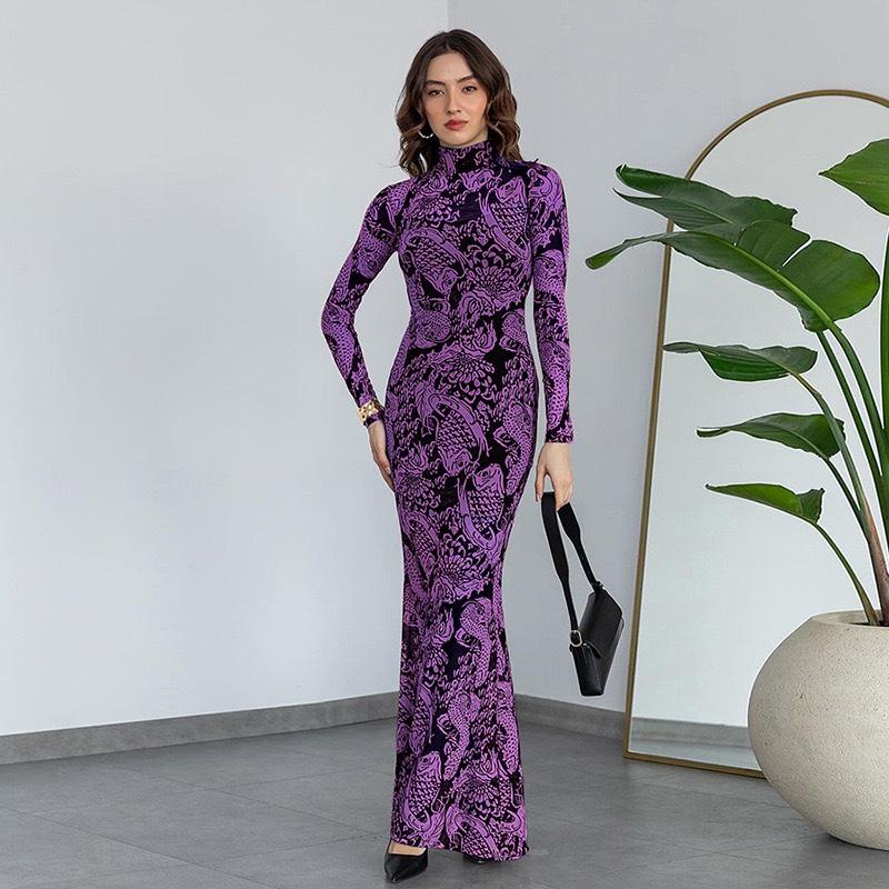 

Женское элегантное платье макси с круглым вырезом и принтом, длинные рукава, утягивающие платья-халат, вечерние наряды для женщин, платья XXL фиолетовый