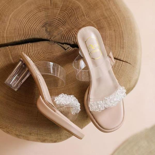 Fashion Low Glitter Slides Shoes Transparent Slippers Square heel Slipers Women Fashion Heeled Mules Jelly Block 2025 Luxury High Rome C