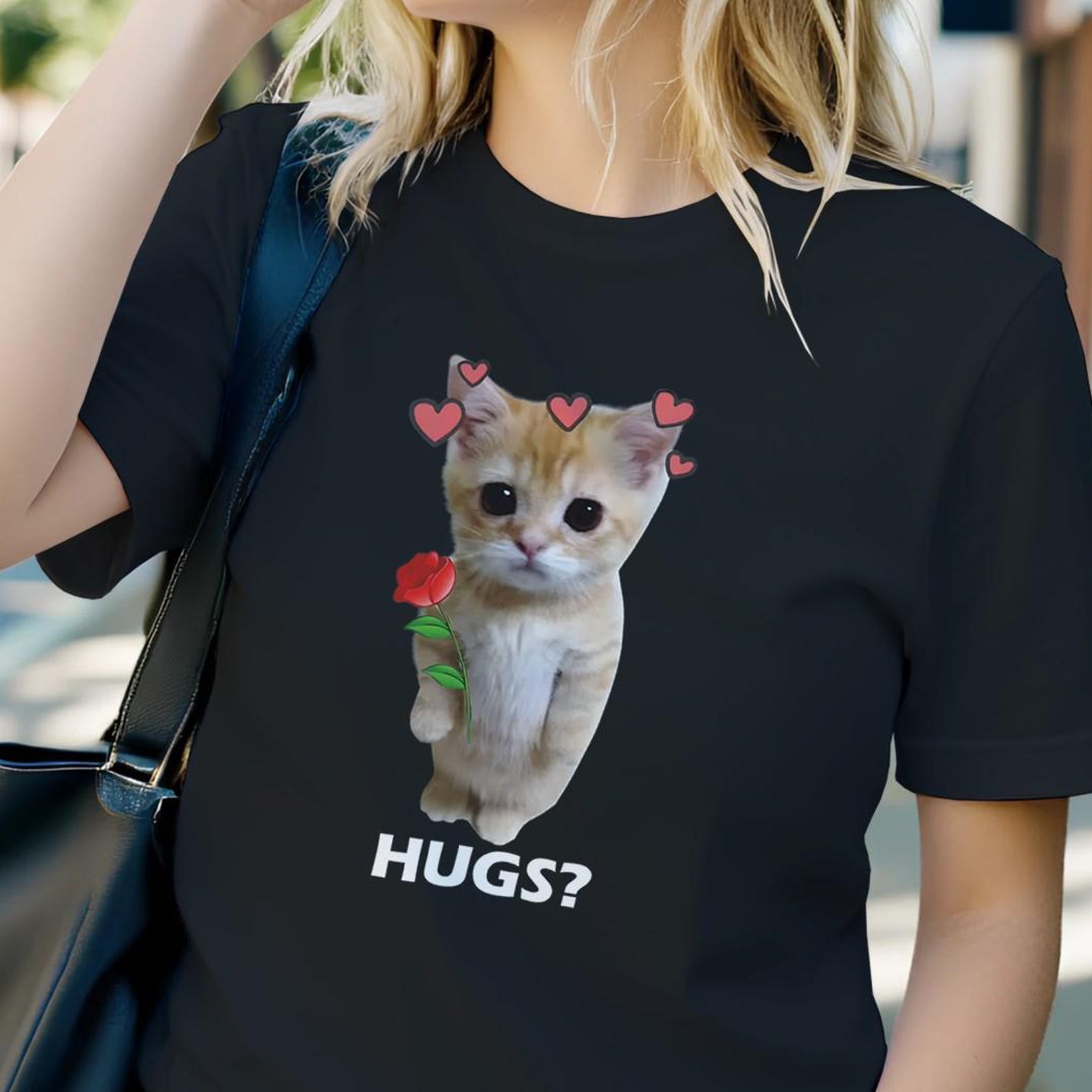 HUGS? Cat Shirt | Cute Cat Valentine T-Shirt | Cat With Rose Tee | Funny Love Cat Shirt Unisex Gift M