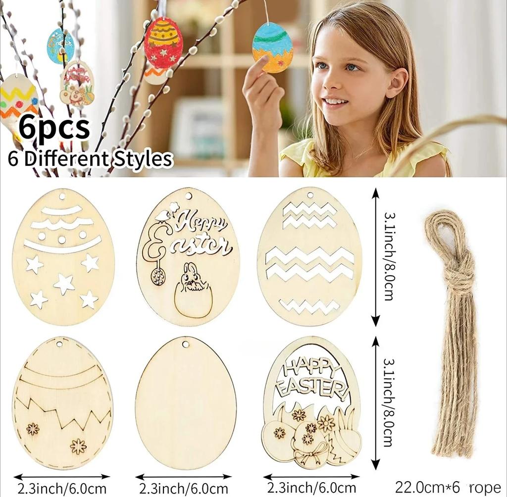 6pcs DIY Wooden Easter Egg Decoration Craft Happy Easter Hanging Pendant Ornament for Home Easter Party Kid Gifts