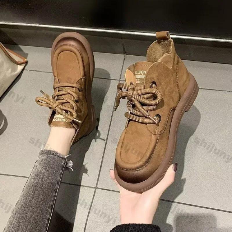 Fashion Womens Vintage Ankle Boots Brown Faux Suede Lace Up Flat Booties Woman Autumn New Fashion Solid Color Casual Short Botas Mujer