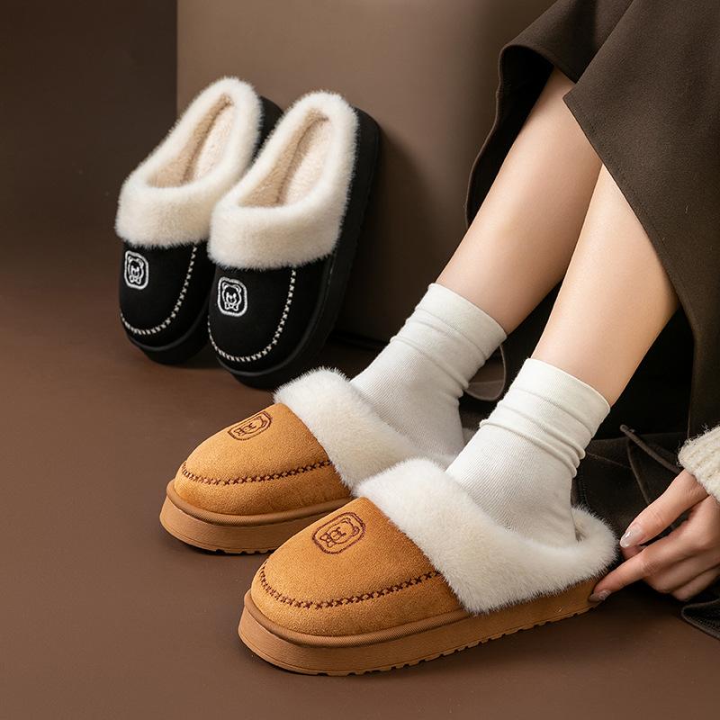 Cartoon bear cotton slippers autumn and winter thick-soled comfortable home warmth half a pack of snow boots couple cotton shoes