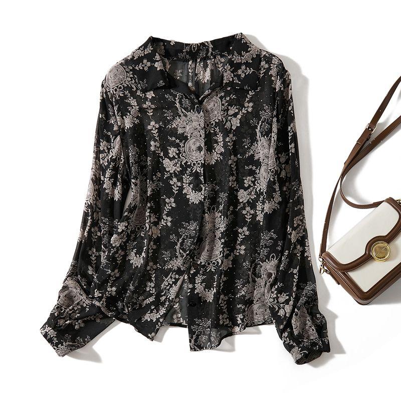 

Сияющая Звезда Мира! Большой Бренд Одинокая Богиня Живопись Тушью Шелк Пряжа Воротник Питер Пэн Длинные Рукава Полное Тело Горячие Стразы Четыре Сезона Рубашка Black M