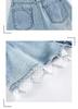 Women's High-Waisted A-line Denim Shorts with Lace Trim