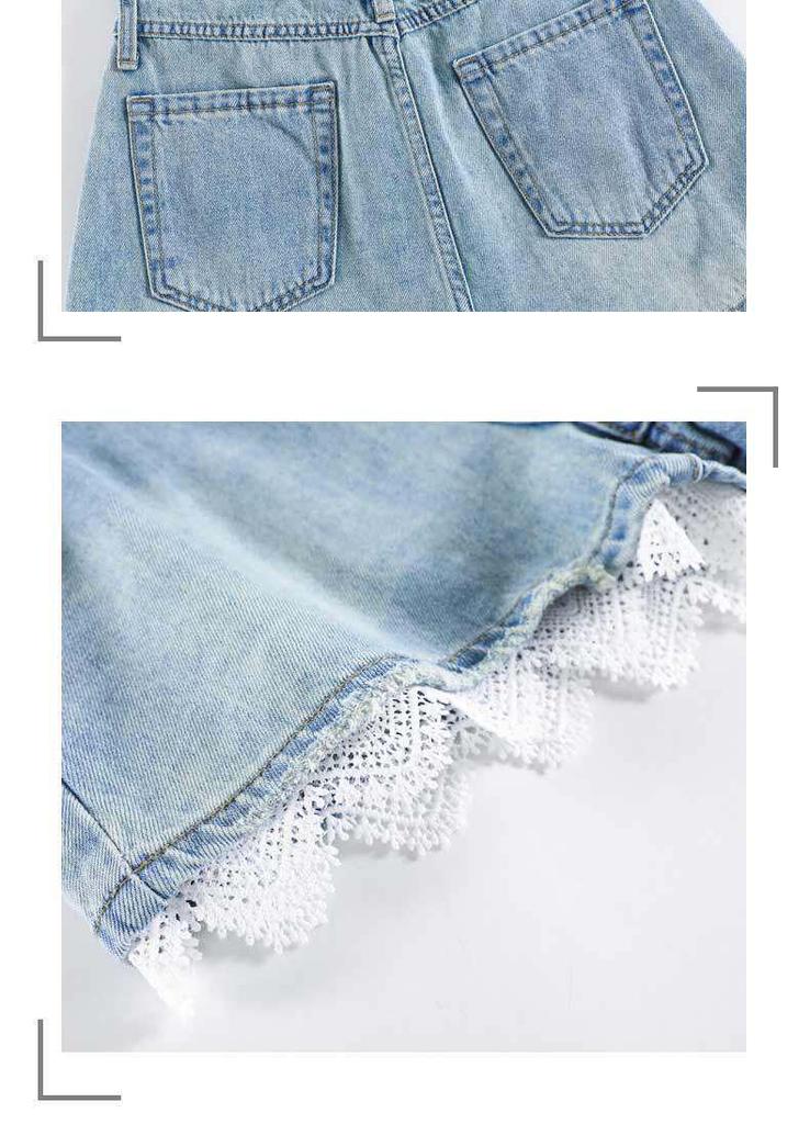 Women's High-Waisted A-line Denim Shorts with Lace Trim