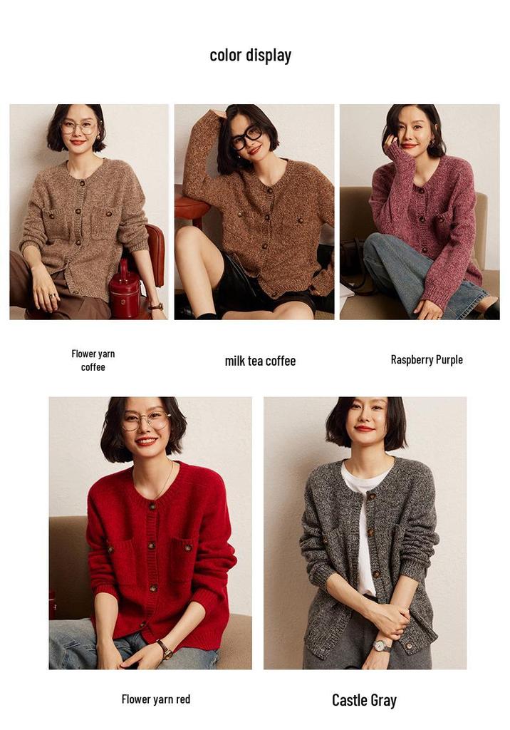 Women's Retro Floral Button-Up Cashmere Cardigan - Round Neck, Thick, Double Pocket, Slimming Knit Sweater for Autumn/Winter