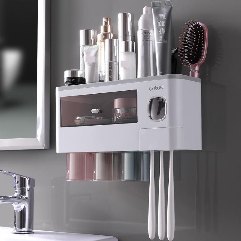 Toothbrush Holders Bathroom Decor with Toothpaste Dispenser, 2/3/4 Cups Toothbrush Holder Wall Mounted Bathroom Accessories