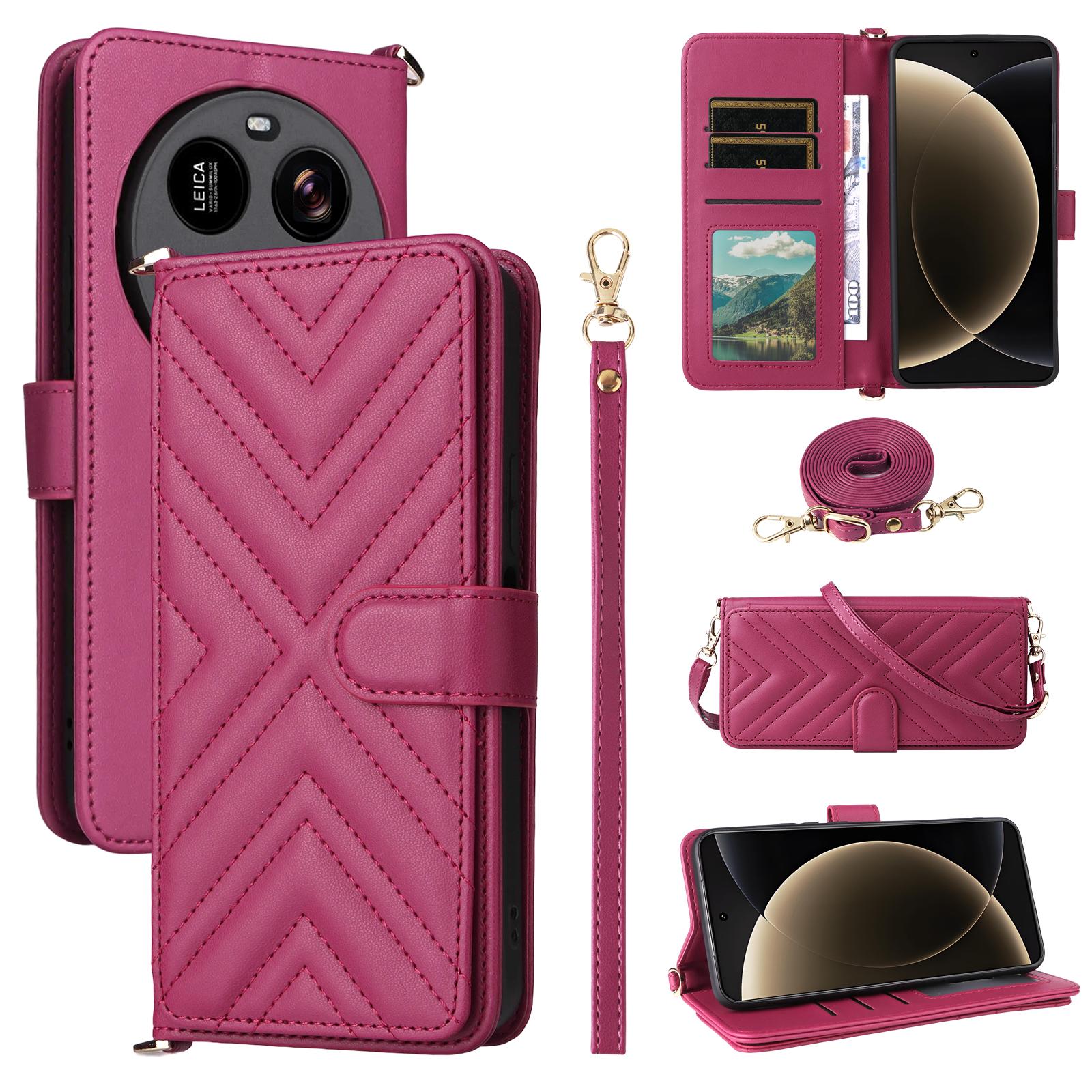 

For Xiaomi 15 Ultra Wallet Case with Shoulder/Wrist Strap Leather Phone Cover Stand Rose