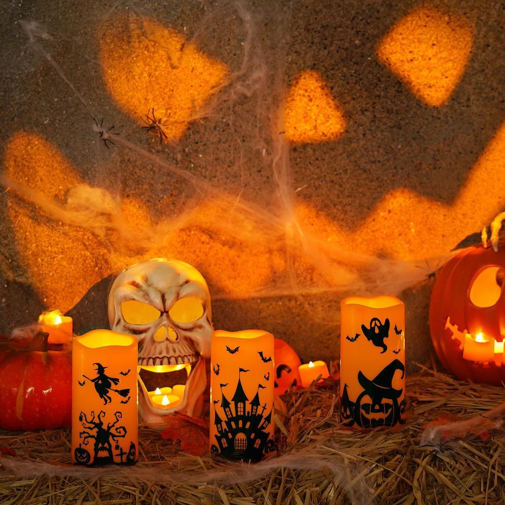 Halloween Candles, Orange Flameless Candles, Battery Operated LED Pillar Candles with Remote Timers Set of 3