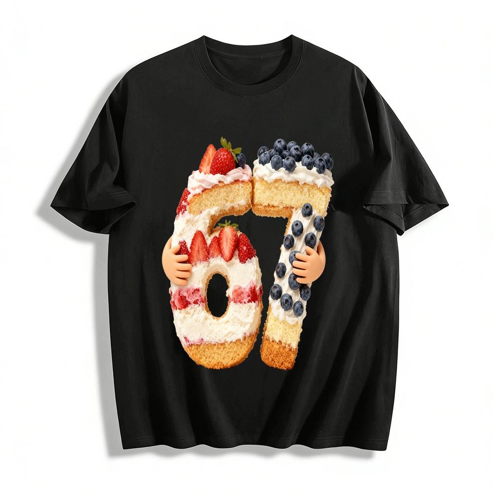 Number 67 Fruit Cream Cake Print Casual Top Pure cotton T-shirt XXS