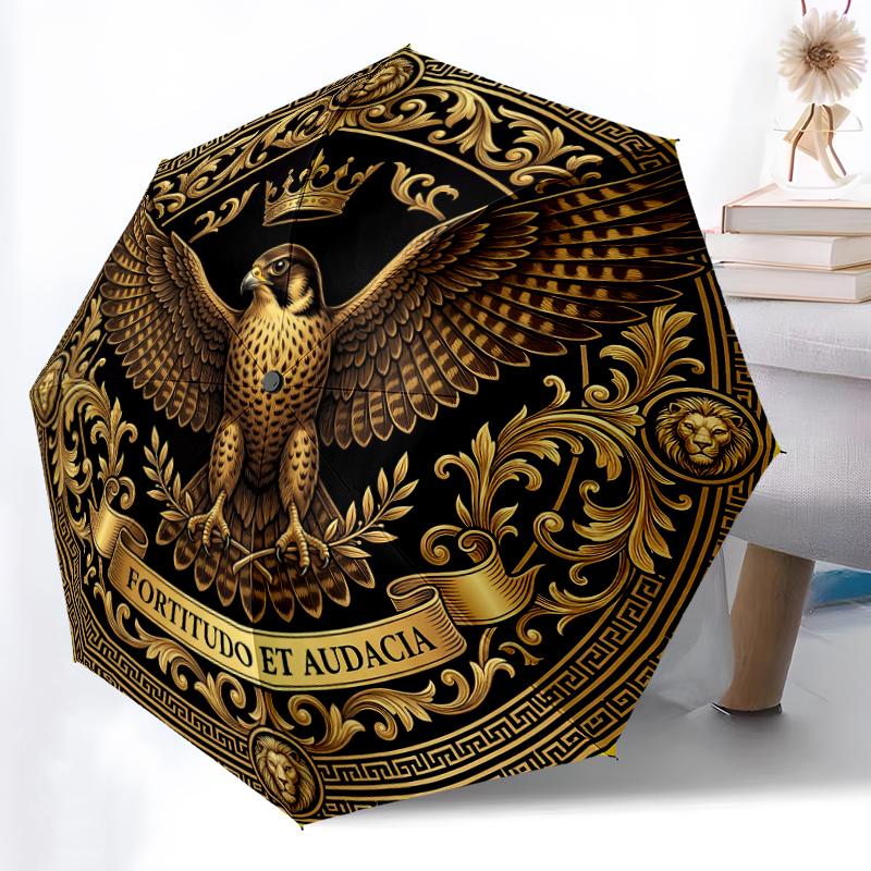 1pc Sturdy 8-Bone Auto Umbrella, Golden Regal Falcon Umbrella, Digital Printed, Foldable Umbrella for On-the-Go Outdoor Use