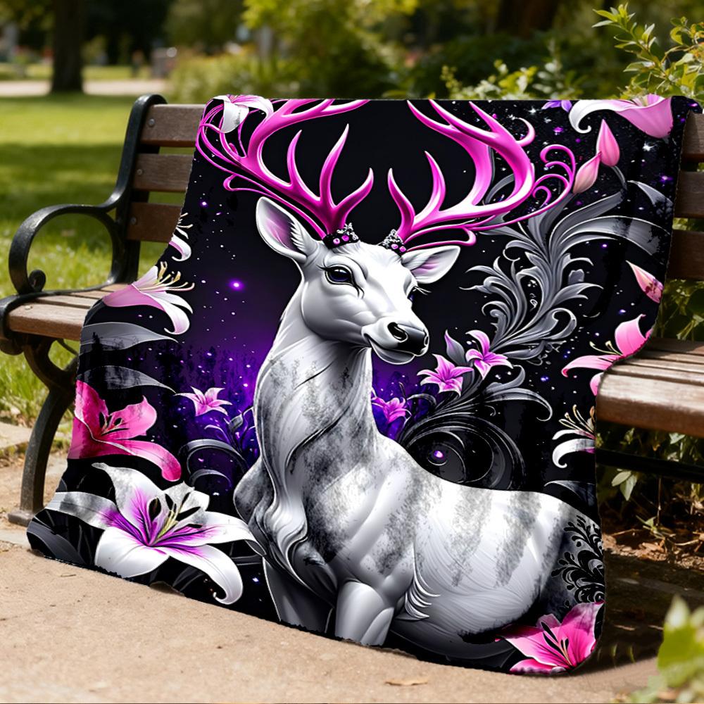 1pc Fantasy Deer Print Throw Blanket Polyester Fiber, Lightweight Flannel, Soft & Warm, All Season Use for Outdoor, Camping Digital Print