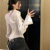 Fashion Women Bandage Shirts Korean All Match Streetwear Female Slim Blouse Spring Casual White Bell Sleeve Shirt