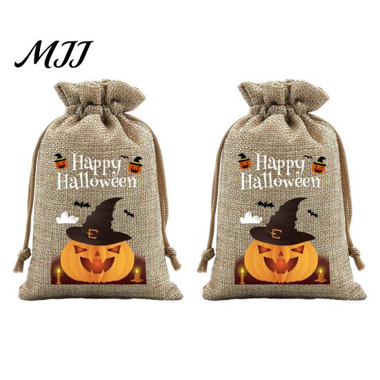 Small Storage for Candies 2Pcs Halloween Pumpkin Drawstring Bags Candy Treats, Retro Burlap Pattern Party Favors Trick or Treat Bags, Portable Goodie