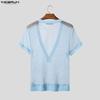 INCERUN Summer Men V Neck Short Sleeve Mesh See Through Hollow T-shirts Tops