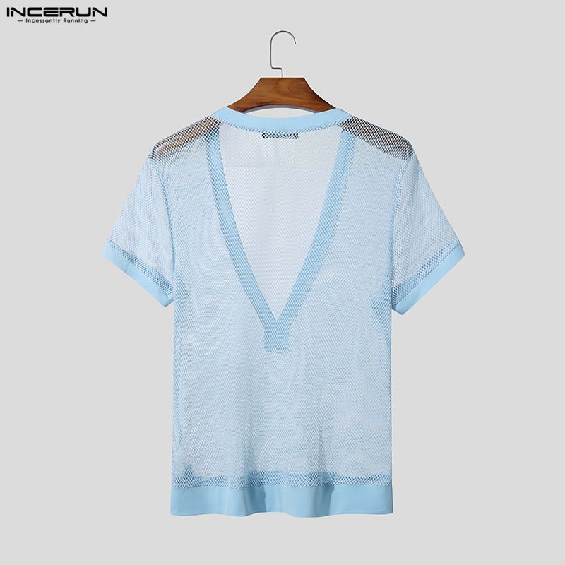 INCERUN Summer Men V Neck Short Sleeve Mesh See Through Hollow T-shirts Tops