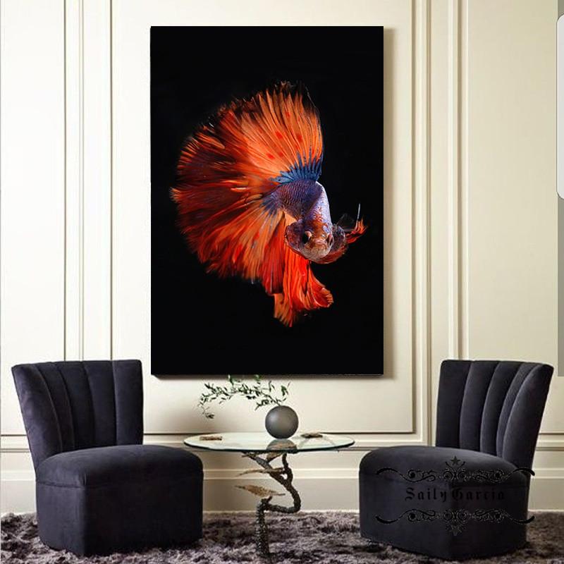 Meereslebewesen, roter Fisch und transparente blaue Qualle, heimisches Zierhaustier für modernes Wohnzimmer, Tierhandlung, Cuadros-Dekoration