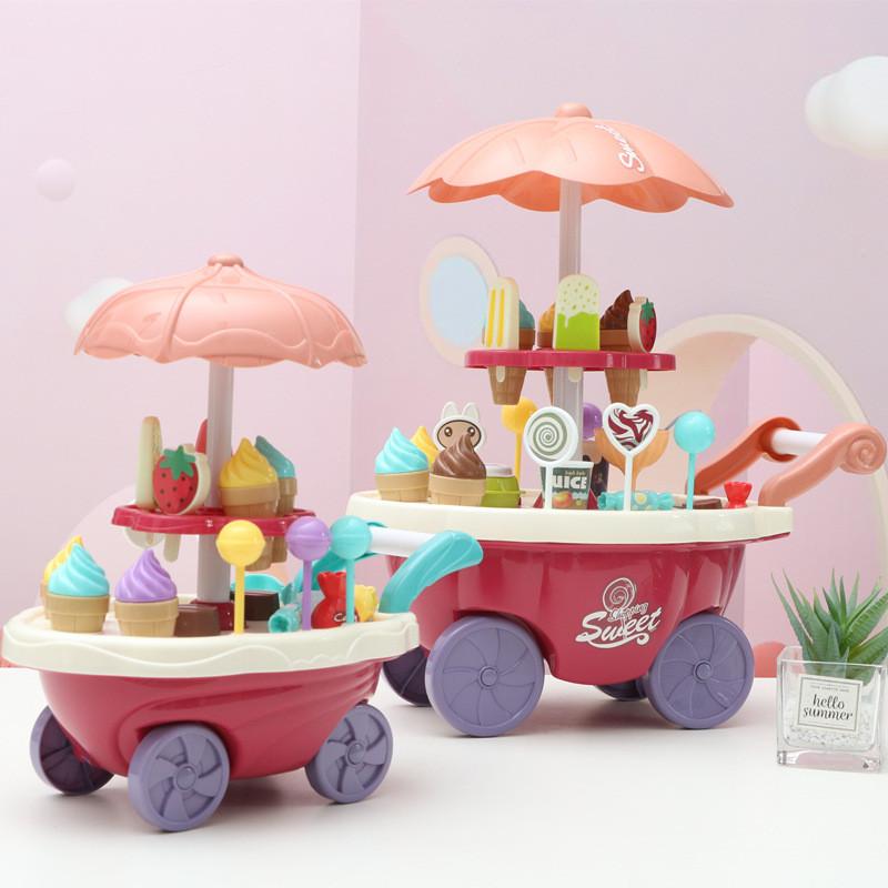 Montessori Toddler Toys Food Ice Cream Kitchen Toys Pretend Play Ice Cream Cart with Storage Trolley Toy Set for Children Gifts