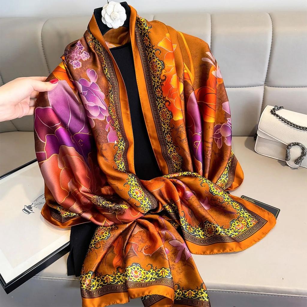 Luxury Brand Women Summer Silk Scarves Shawls Wraps Soft Female Beach Yellow Stole Bandanna Foulard Muffler Scarf