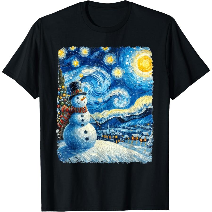 Футболка с принтом «Звездная ночь» Ван Гога, Рождественский снеговик, Зимняя снежная ночь(10) S
