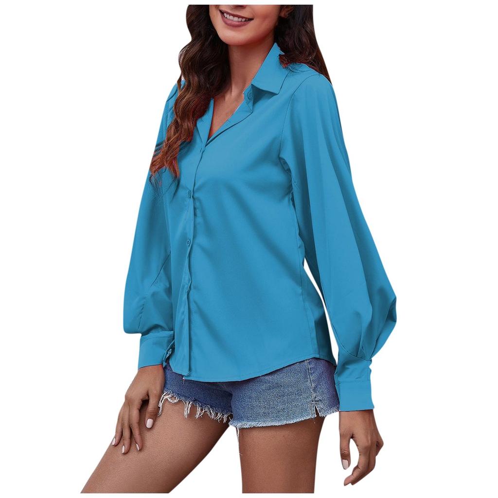 Women's Slim Fit Solid Color Lapel Long Sleeve Shirt Top T-Shirt