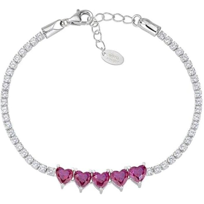 Bracelet en argent 925, de la collection Saint Valentin 2024, avec zircones rouges coupe cœur zircones blancs, couleur rhodium 16 +