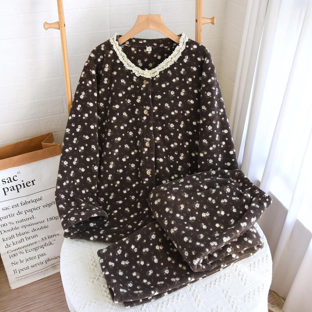 Herbst- und Winter Damen Frischer und Bequemer Pyjama Dick Warm Einfaches Hausanzug-Set