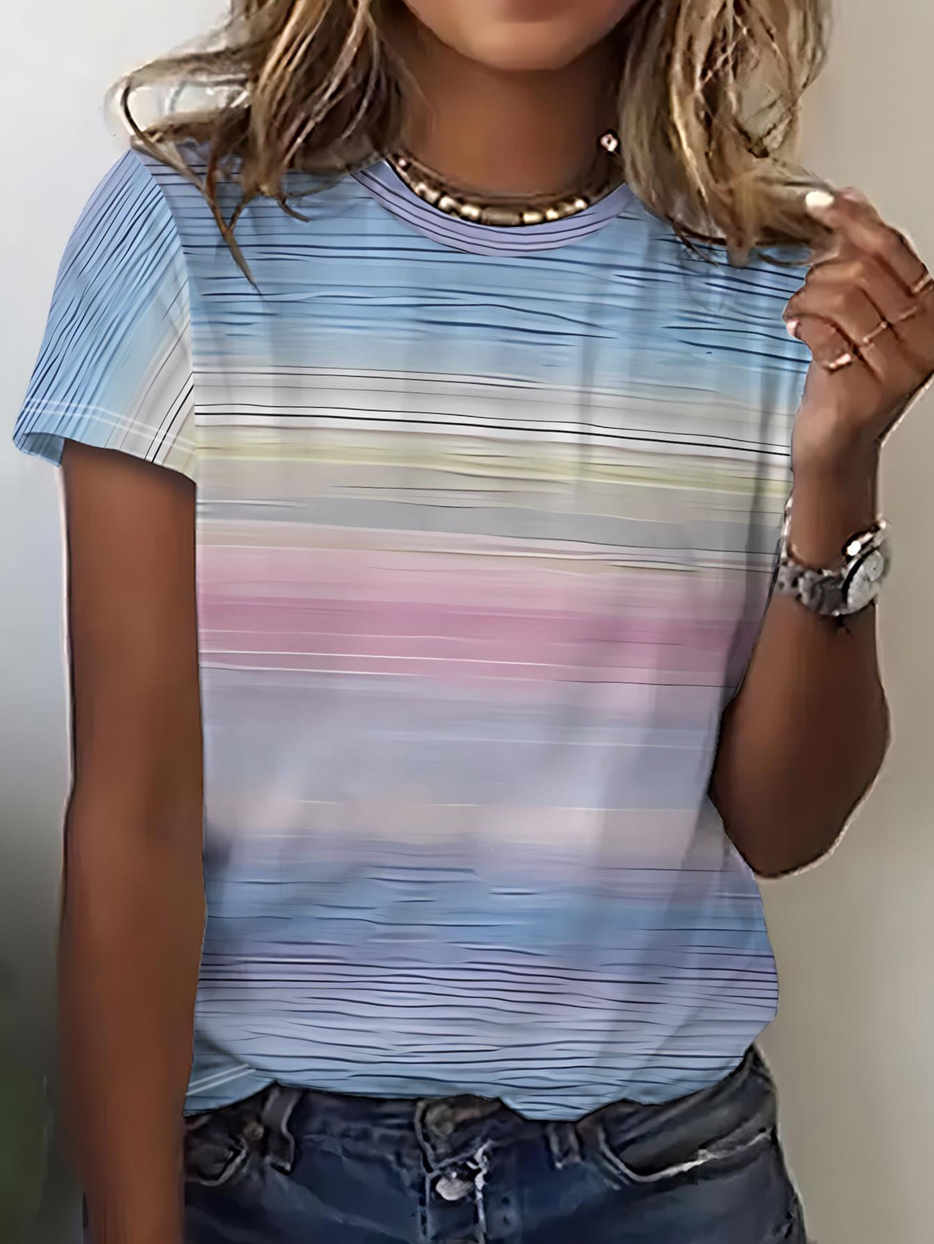 Women s short-sleeved T-shirt gradient striped casual loose basic top XXS