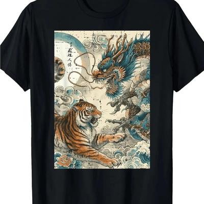 Unisexs And Unisexs Japanese Style Tiger Vs Dragon T Shirt Vintage Comfortable Versatile Top For Everyday Wear Stylish