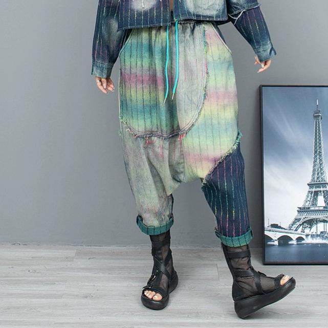 Do Old Color Strips Denim Lapel Collar Long-sleeved Short Jacket Large Crotch Pants Two-piece Set Women's Spring and Autumn Fashion Suit European Good