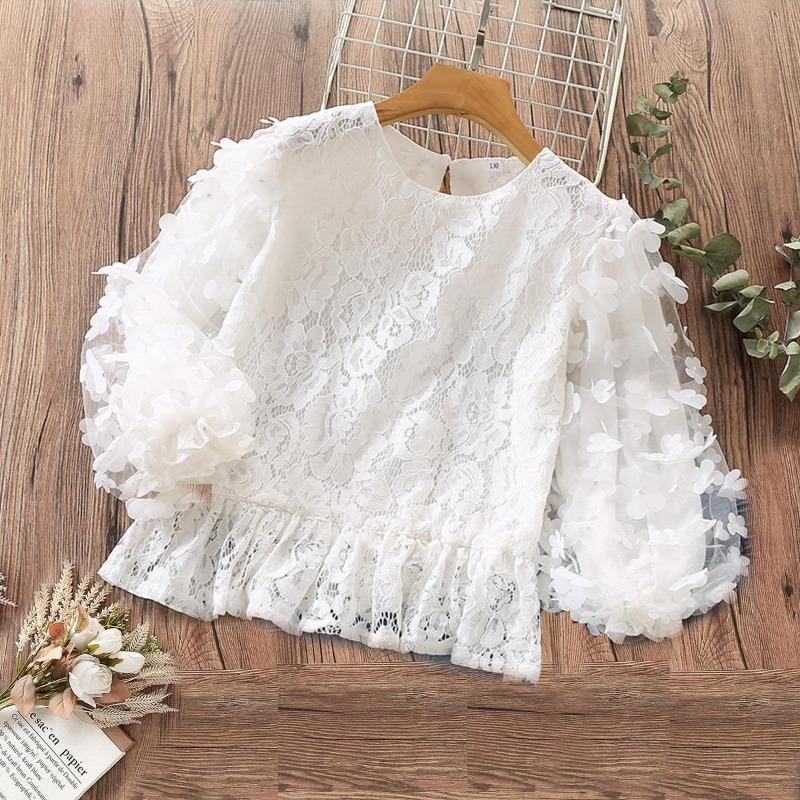 Happytimes Tienermeisjes shirts kinderkleding witte kanten blouses voor meisjes lente schattige baby kinderkleding tops 160cm