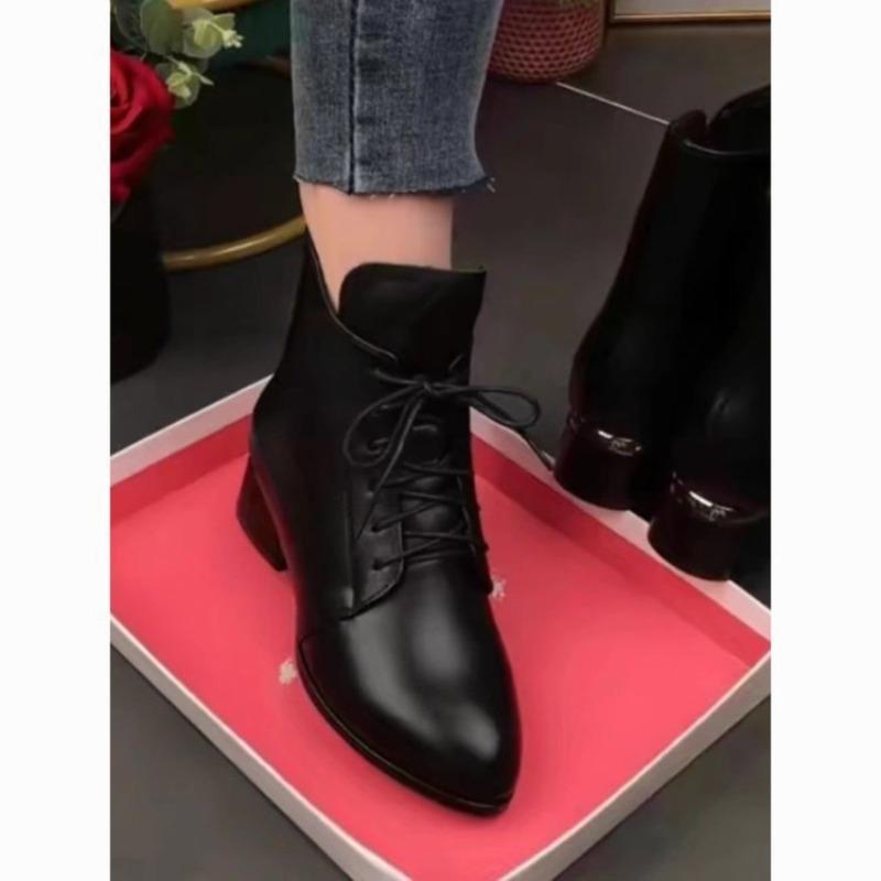 Spitze Stiefeletten Damen dicker Absatz Herbst und Winter neue dünne Stiefel schwarz Temperament Damenstiefel weiches Leder Schnürstiefel