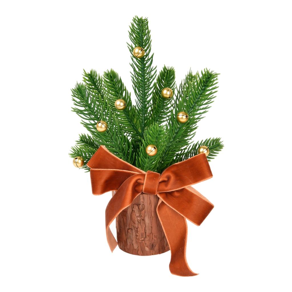Christmas Tree Tabletop Decoration with Wooden Log Base, Gold Bells and Velvet for Holiday Home Decor
