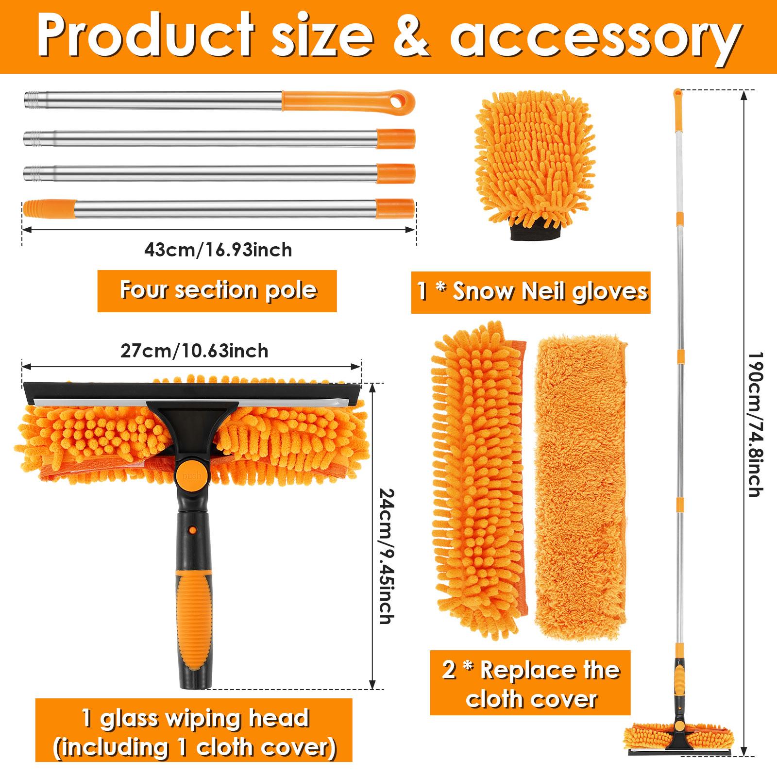 New 190CM Extended Window Cleaning Kit 2 in 1 Double Sided Glass Squeegee Cleaner Duster Mop 180° Swivel Window Cleaning Tools