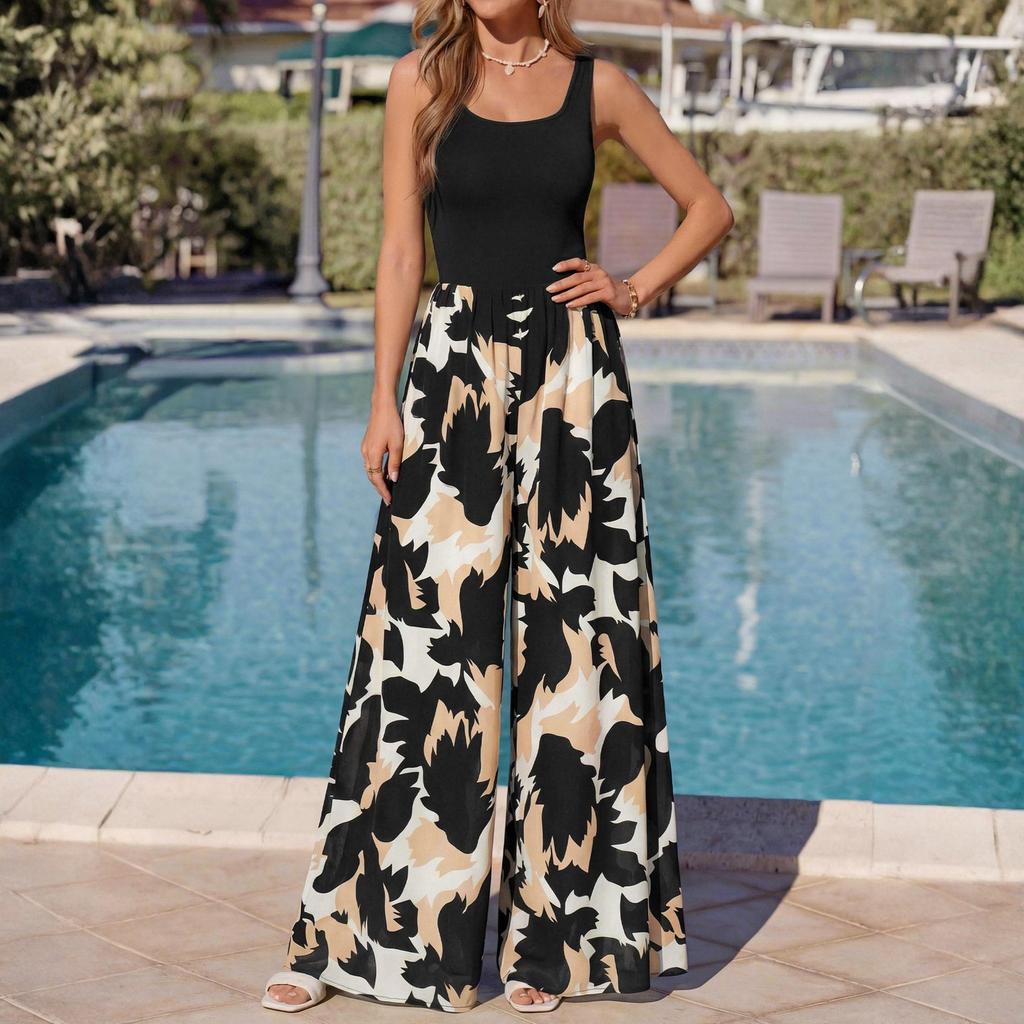 Tuta da Donna Senza Maniche con Stampa Floreale a Gamba Larga Stile Casual da Vacanza Vestito dalla Vestibilità Rilassata per l'Estate