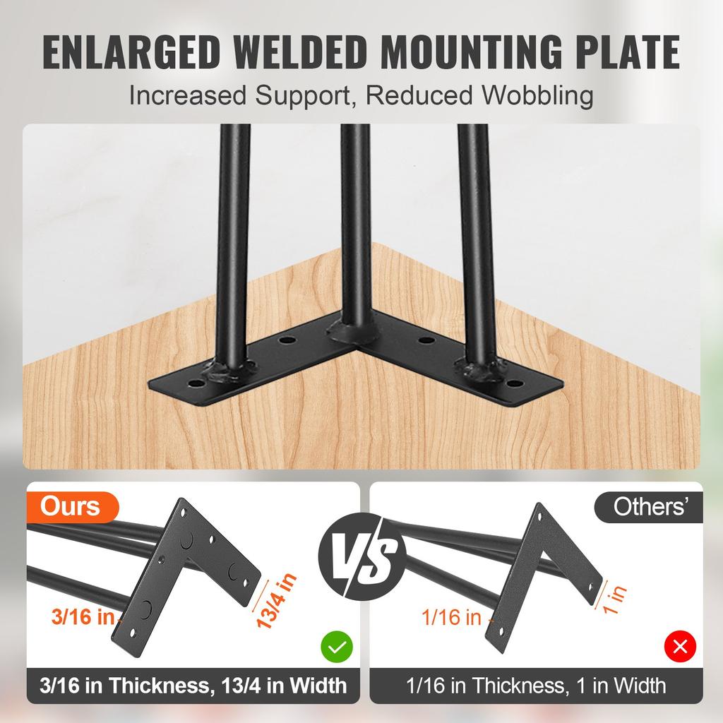 VEVOR Hairpin Table Legs 0.7M, Set of 4 Desk Legs 408.2KG Load Capacity, Hairpin Desk Legs 3 Rods for Desk Chairs Bench Dining End Table