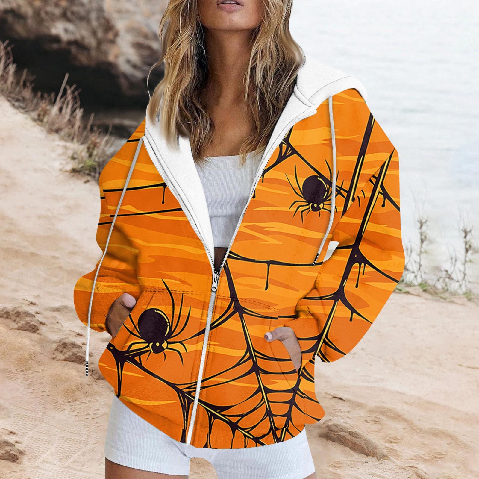 

Женская повседневная толстовка с длинным рукавом и принтом Хэллоуина, куртка с карманом и застежкой-молнией, пальто с капюшоном XXL оранжевый