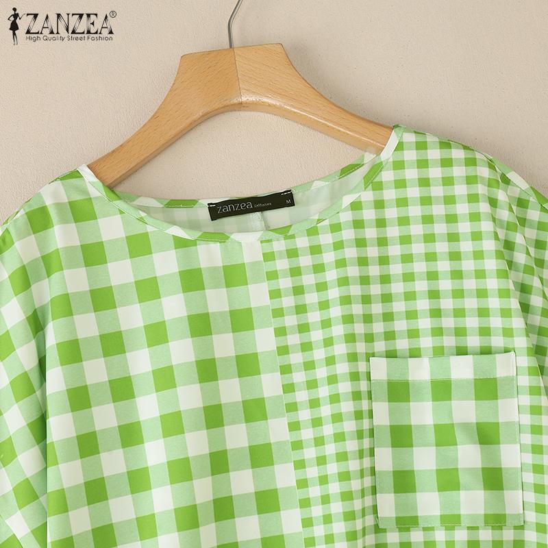 ZANZEA Women Casual Round Neck Plaid Print Summer Short Sleeve Blouse