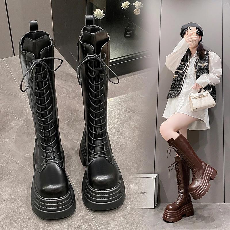 Fashion 10CM New Women's Roman Long Boots Autumn Winter Knee-high Leather Punk Shoes Chunky Platform Casual Knight Boots Botas Mujer