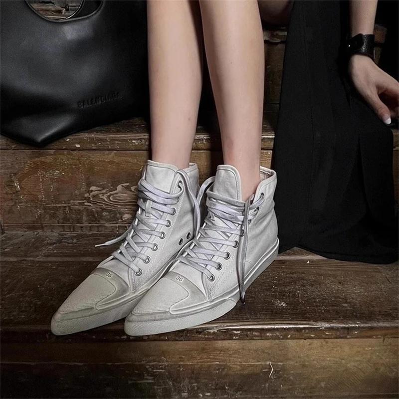 Pointed Toe Lace Up Sports Casual Do Old Women's Shoes White Fashion Hand-made Ladies Canvas Shoes Unisex Zapatillas De Mujer
