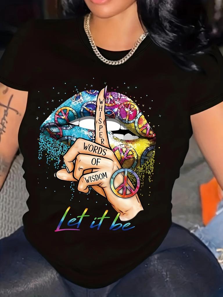 Europäische Größen Damen Lässiges Kurzarm-Rundhals-T-Shirt - Peace-Zeichenps GrafikText, Lebendiges Buntes Design,