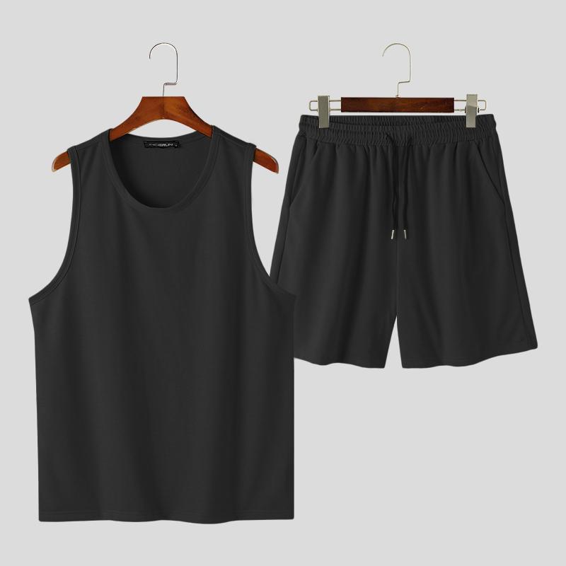 

INCERUN Костюм из двух частей для мужчин, майки и повседневные шорты, домашняя одежда, спортивные комплекты S чёрный