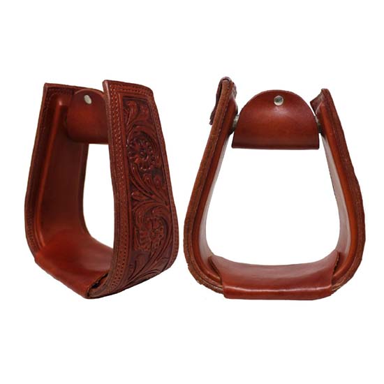 High Quality Horse Western Stirrups Saddle Tack Floral Handmade Tooled Leather Covered Pair