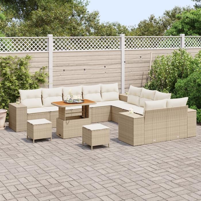 Ensemble de canapé de jardin vidaXL 13 pièces avec coussins beige en poly rotin, Ensemble de salle à manger de jardin vidaXL 3362066