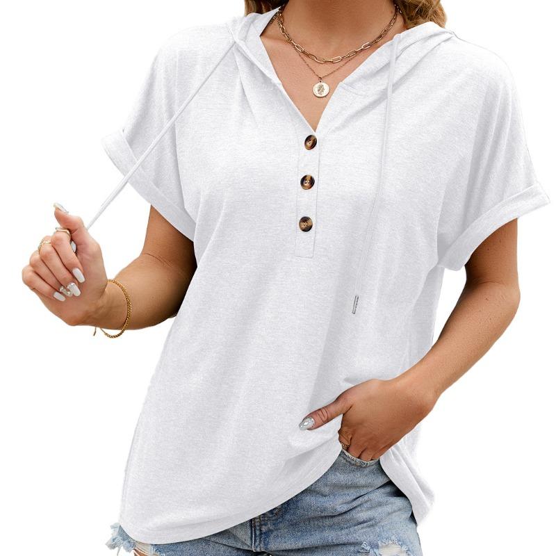 Summer New Solid Color Plus Size Casual T-shirt Women with Hooded Buttons Loose Short Sleeve T Shirt Women Fashion Elegant Lady Tee Tops 24297