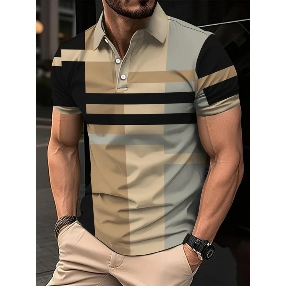 Men's Casual Short Sleeve Polo Shirts Summer Breathable Striped Golf T-Shirt