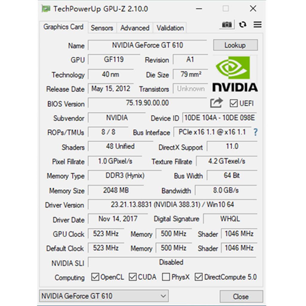 GeForce GT 610 Graphics Card, 2GB, DDR3, 64-bit, PCI Express X16, DirectX 11, HDMIVGA, Low Profile, Entry-level GPU for PC, SFF, and HTPC, Compatible