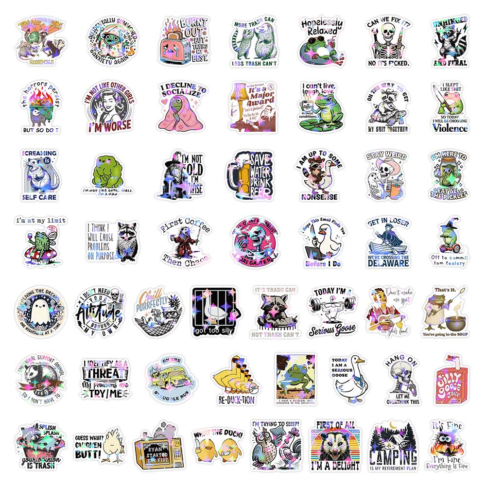

50/100 Pcs HD Holographic Fun Text & Animal Stickers Fade Resistant Removable No Trace for Stationery Box Phone Laptop Bicycle