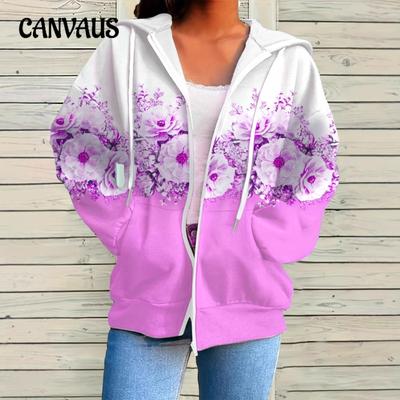 Plus Size Women's Autumn Print Zipper Long Sleeved Pocket Hoodie Casual Jacket